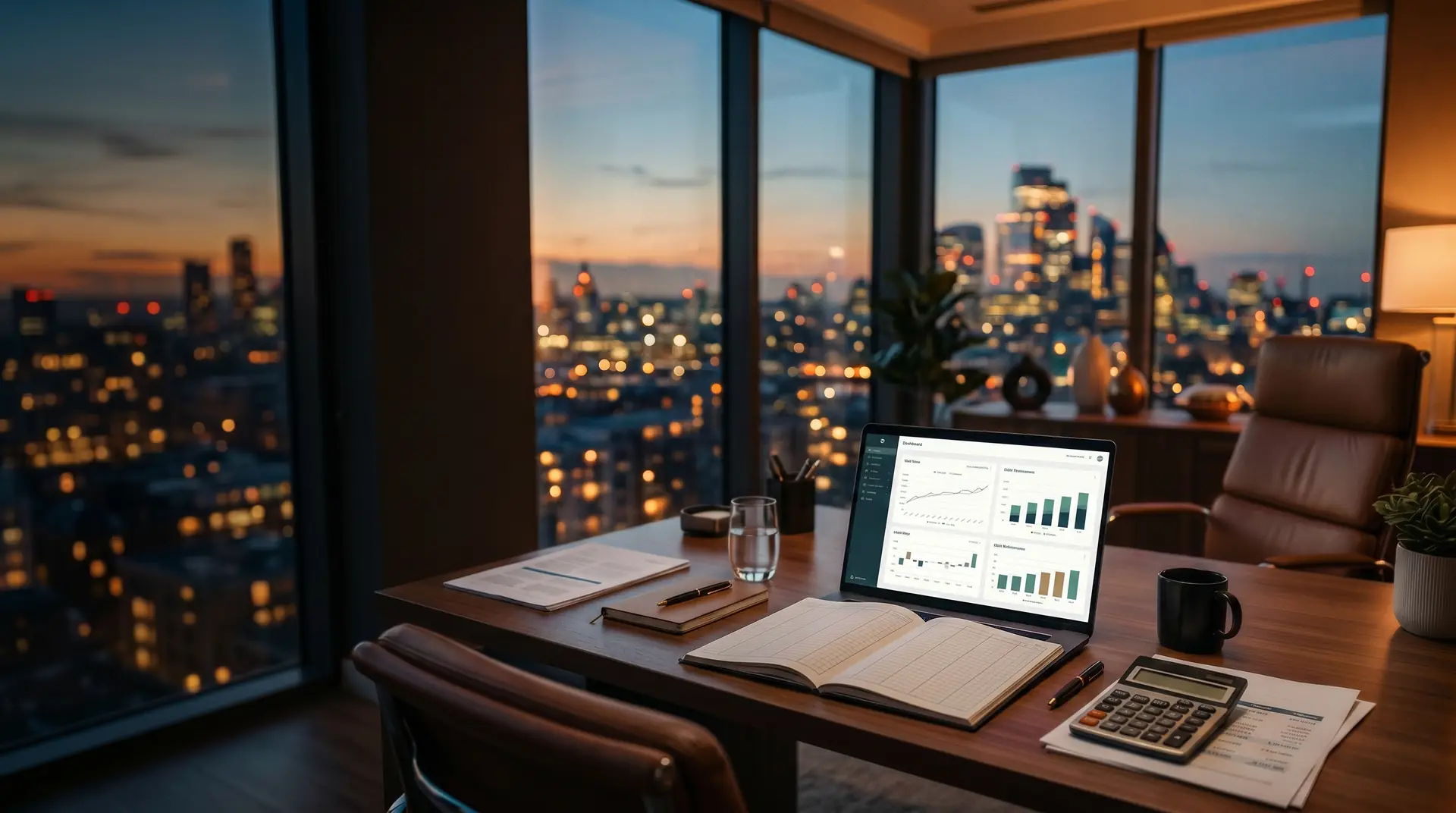A finance advisory office at dusk — a desk with a live financial dashboard and city skyline beyond