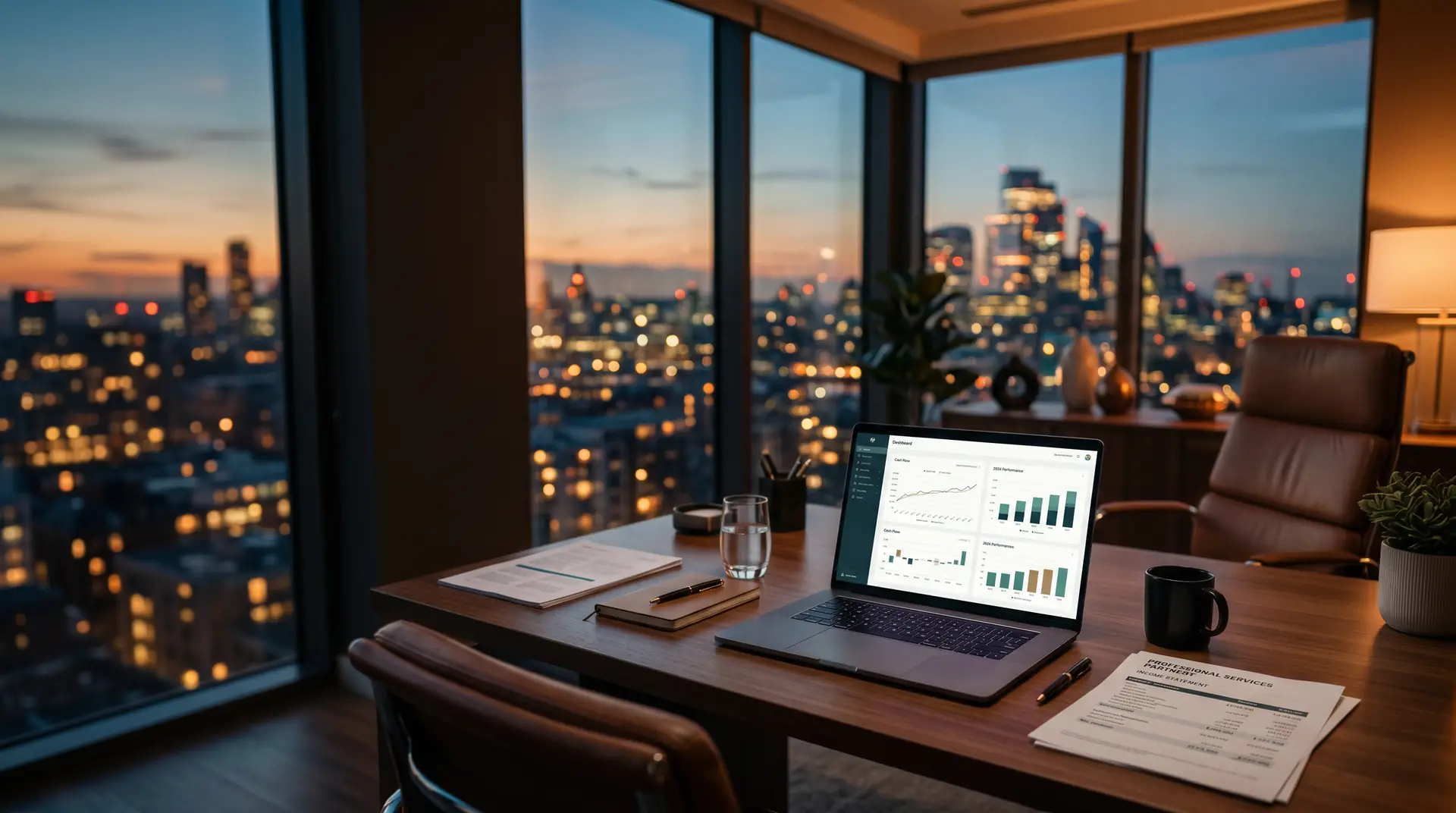 A finance advisory office at dusk — a desk with a live financial dashboard and city skyline beyond