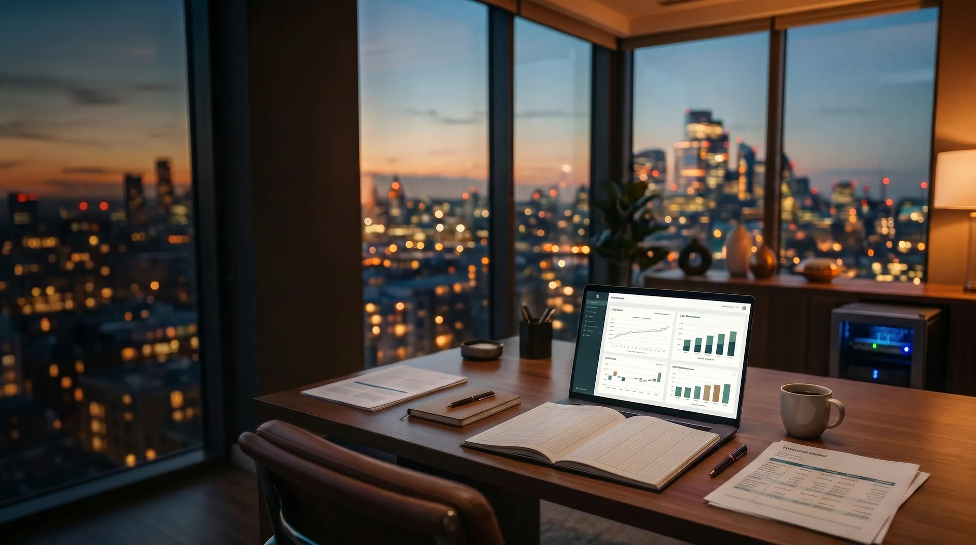 A finance advisory office at dusk — a desk with a live financial dashboard and city skyline beyond