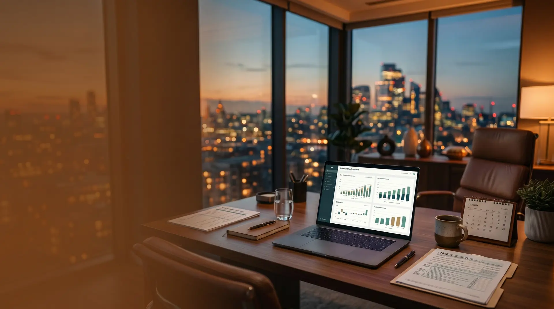 A finance advisory office at dusk — a desk with a live financial dashboard and city skyline beyond